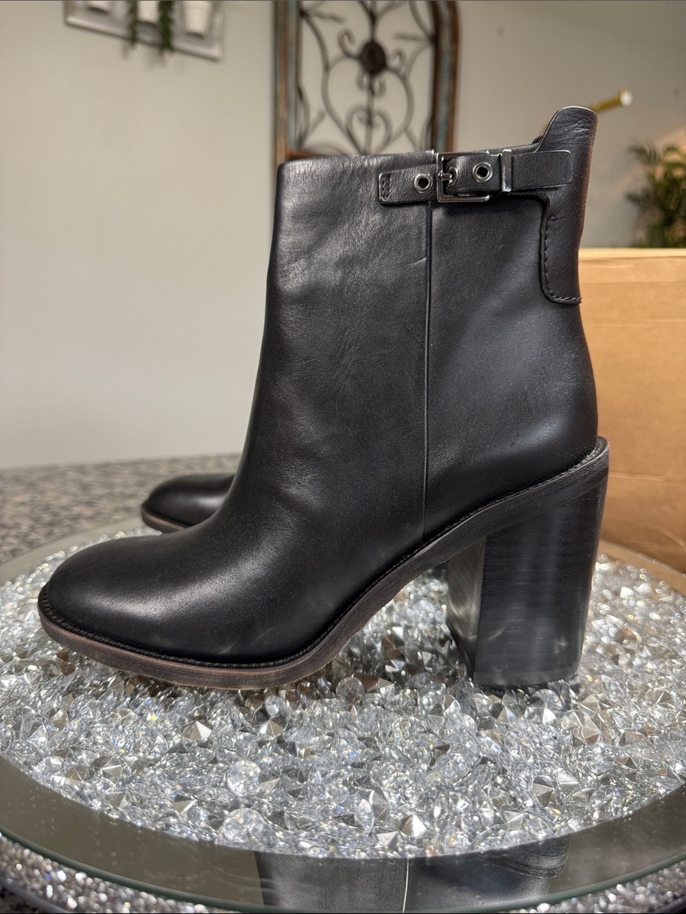 Franco Sarto Rivet Black Leather Block Heel Ankle Boots NEW 6.5
